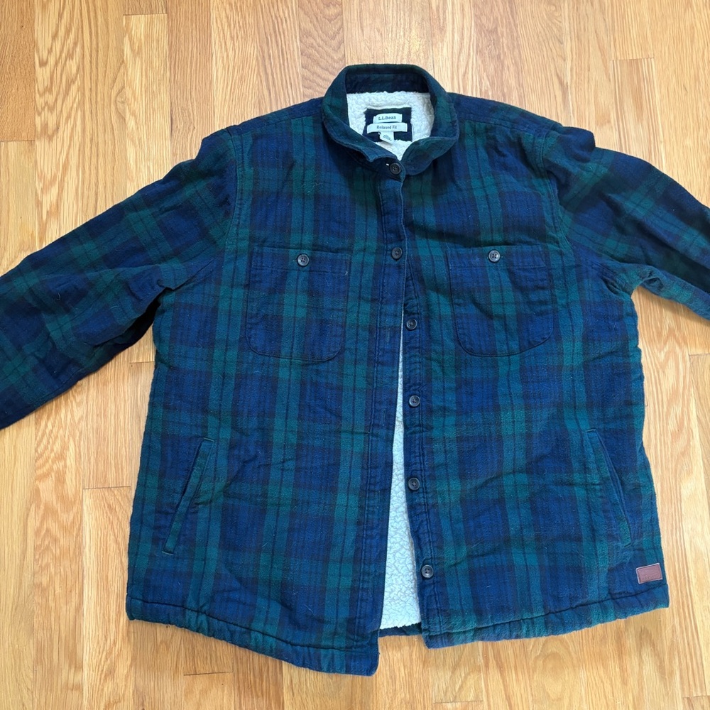 L.L. Bean Large Relaxed Fit Scotch Plaid Flannel Shirt Sherpa-Lined Shacket Gorp